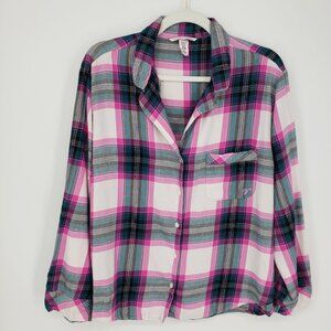 3/$25 Victoria's Secret Plaid Flannel Pajamas Top L Button Down Cotton  Pink